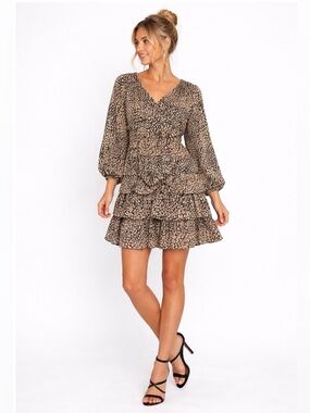 Skies Are Blue NWT Leopard Print Tiered Ruffle V-Neck Long Sleeve Mini Dress 1X